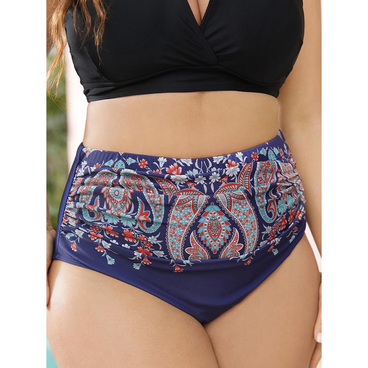 Plus Size Paisley Print Ruched Front Swim Bottom Women's Swimwear Navy Vacation Gathered High stretch Skinny High Rise Curve Swim Bottoms BloomChic 12/L Product Image