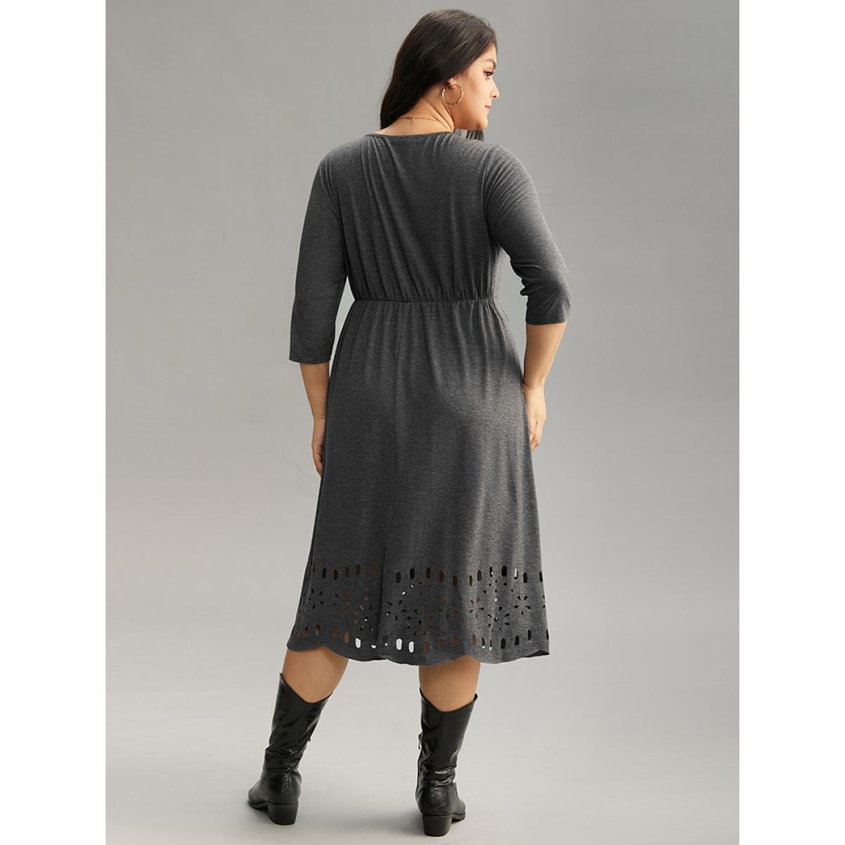 Plus Size Plain Elastic Waist Laser Cut Crew Neck Dress Gray Women Casual Plain Round Neck Elbow-length sleeve Curvy Midi Dress BloomChic 10/M Product Image