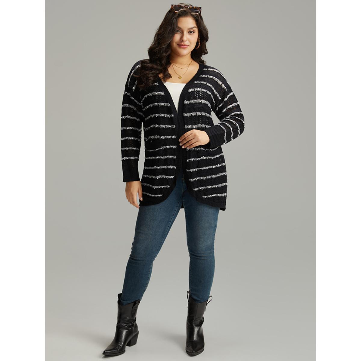 Plus Size Striped Eyelet Curved Hem Patched Pocket Cardigan Black Women Casual Loose Long Sleeve Dailywear Cardigans BloomChic 30/6X Product Image
