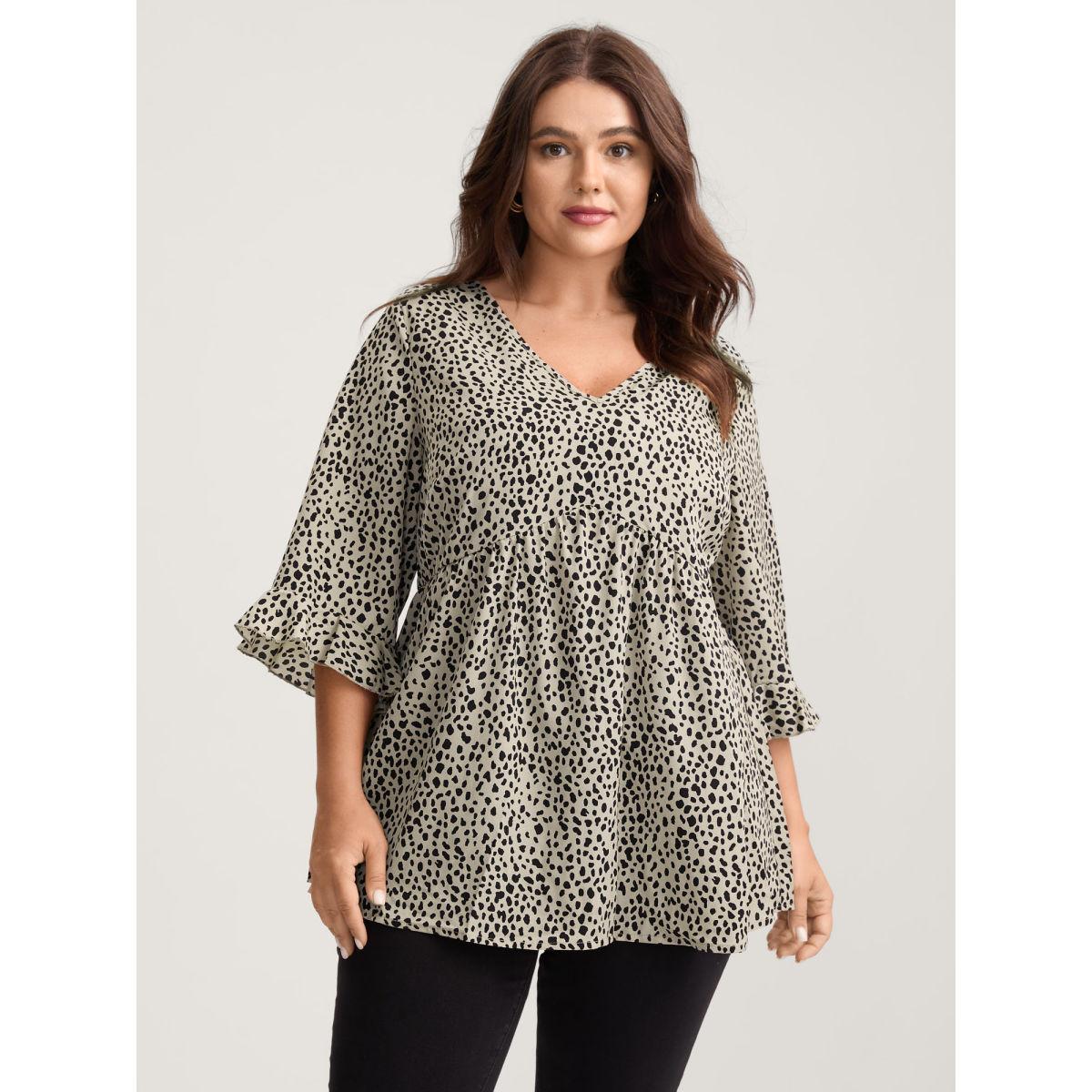 Plus Size Champagne Leopard Print Ruffled Detail V-Neck Blouse Women Casual Elbow-length sleeve V-neck Everyday Blouses BloomChic 10/M Product Image