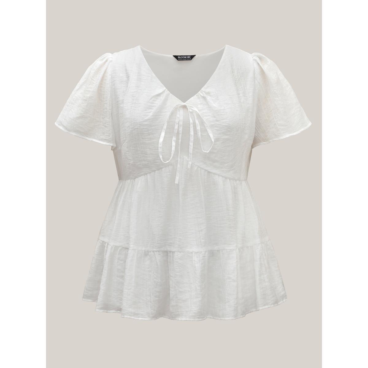 Plus Size Originalwhite Sheer V-Neck Tie Tiered Blouse Women Short sleeve V-neck Everyday-Casual Blouses BloomChic 28/5X Product Image