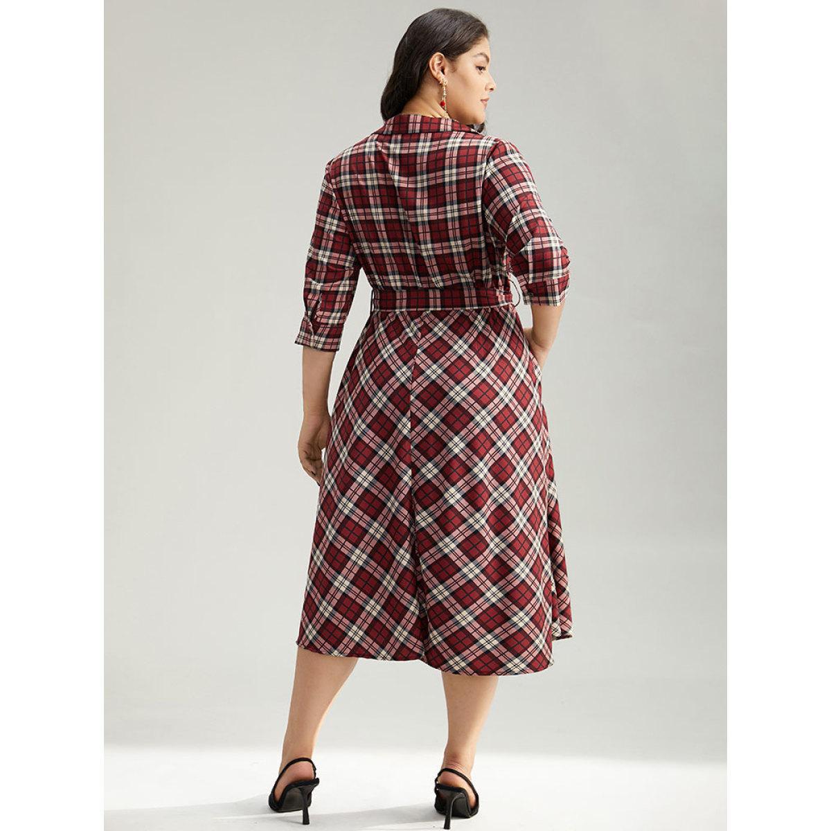 Plus Size Christmas Plaid Shirt Collar Button Up Belted Dress Burgundy Women Office Belted Shirt collar Elbow-length sleeve Curvy Midi Dress BloomChic 10/M Product Image