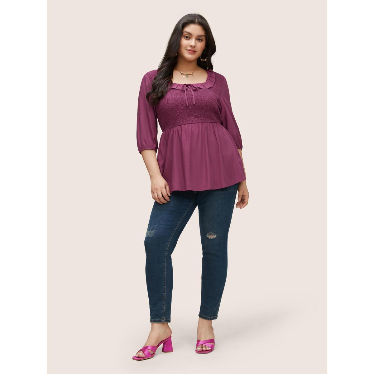 Plus Size Purple Solid Ruffles Shirred Elastic Waist Ties Blouse Women Elegant Elbow-length sleeve Square Neck Everyday Blouses BloomChic 10/M Product Image