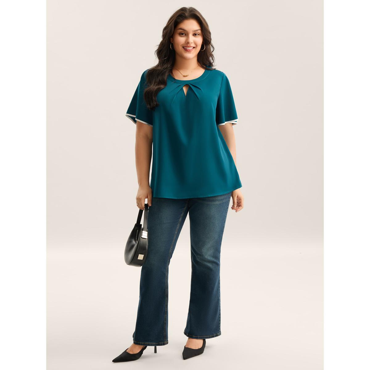 Plus Size Aegean Flared Sleeve Keyhole Solid Blouse Women Short sleeve Round Neck Work Blouses BloomChic 26/4X Product Image