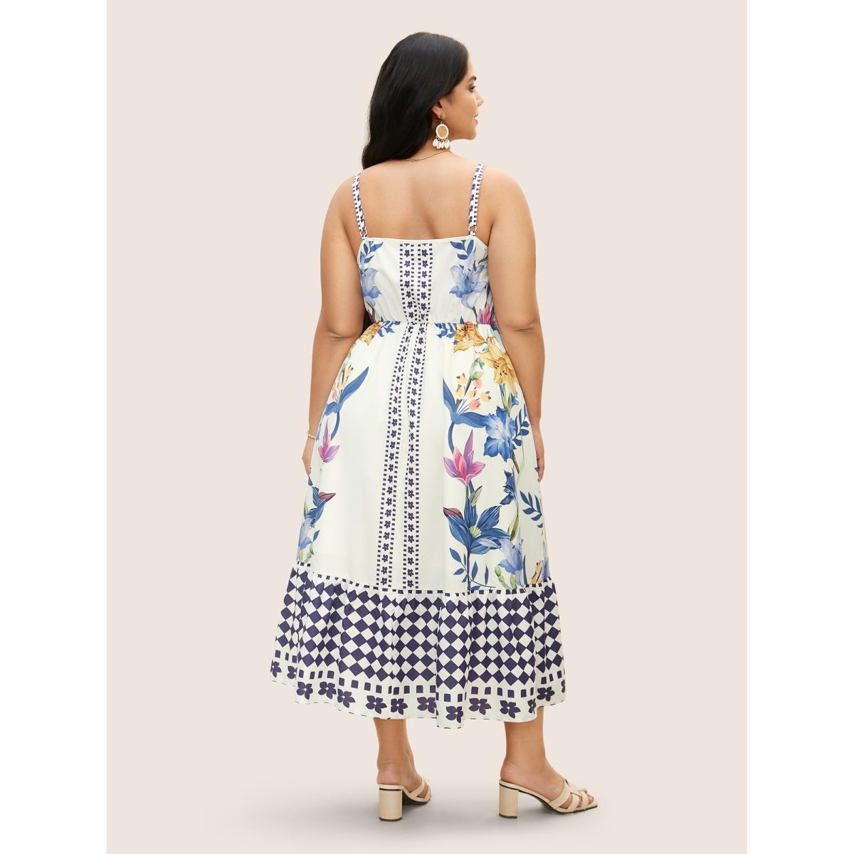 Plus Size Boho Print Patchwork Ruffle Hem Cami Dress White Women Resort Round Neck Sleeveless Curvy BloomChic 14-16/1X Product Image