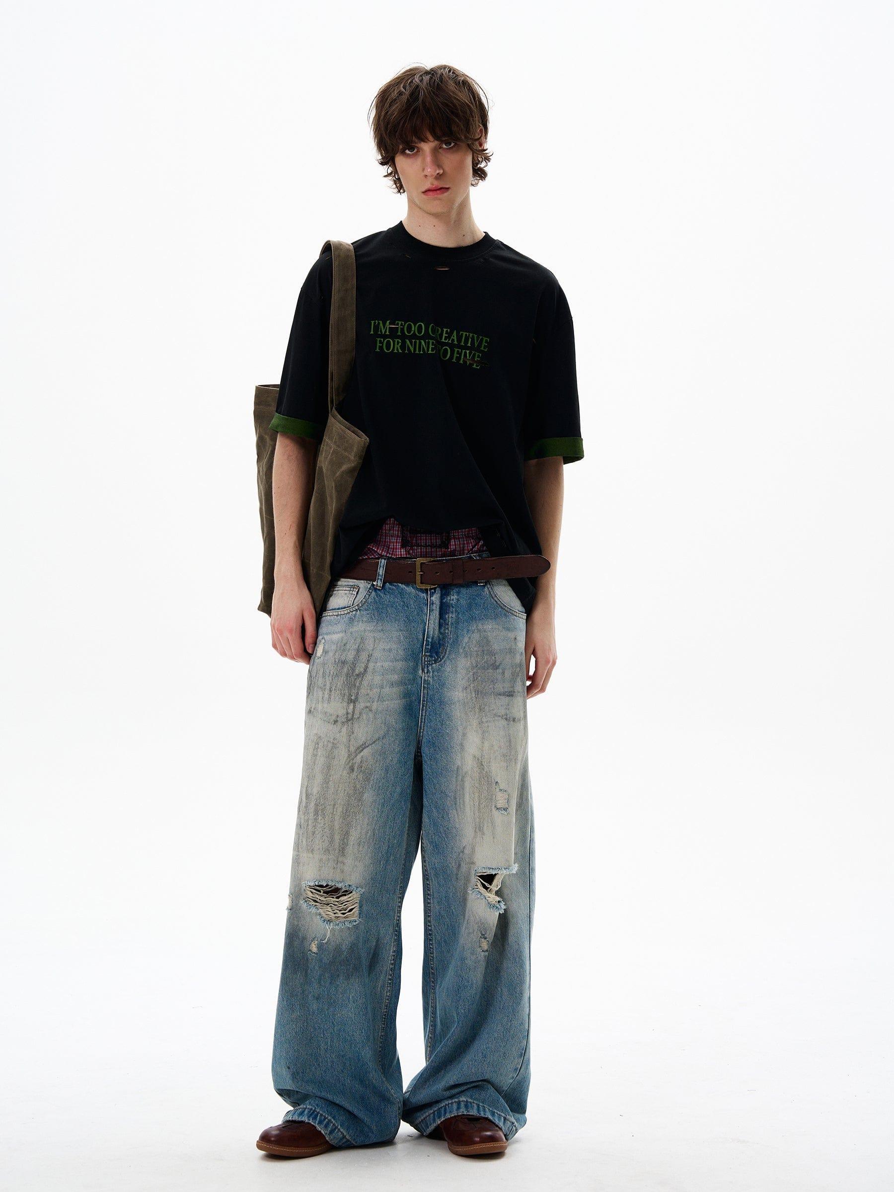 RT No. 12692 DISTRESSED WASHED DENIM STRAIGHT JEANS Product Image