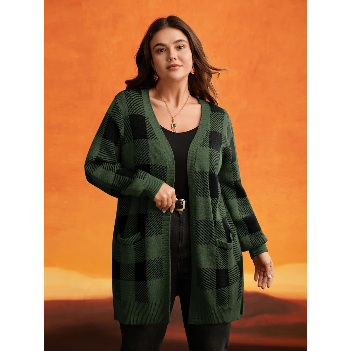 Plus Size Supersoft Essentials Plaid Open Cardigan ArmyGreen Women Casual Loose Long Sleeve Everyday Cardigans BloomChic 18-20/2X Product Image