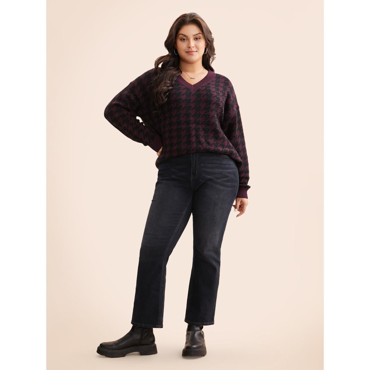 Plus Size V Neck Houndstooth Drop Shoulder Pullover Plum Women Casual Loose Long Sleeve V-neck Everyday Pullovers BloomChic 22-24/3X Product Image