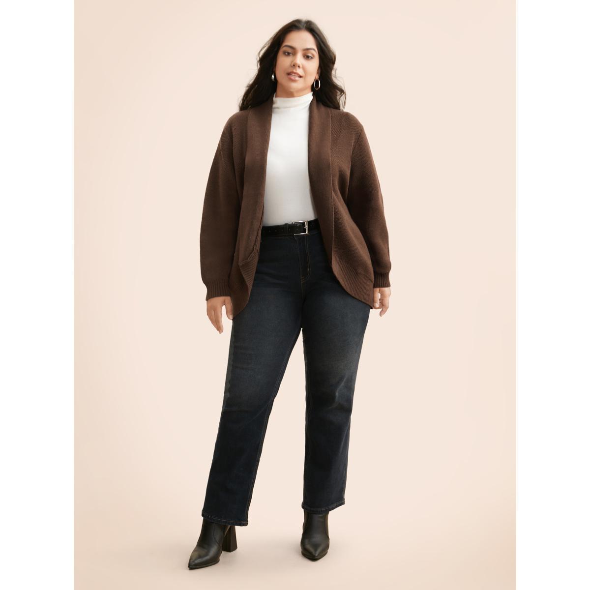 Plus Size Supersoft Essentials Textured Lapel Collar Cardigan Yellowishbrown Women Casual Loose Long Sleeve Everyday Cardigans BloomChic 28/5X Product Image