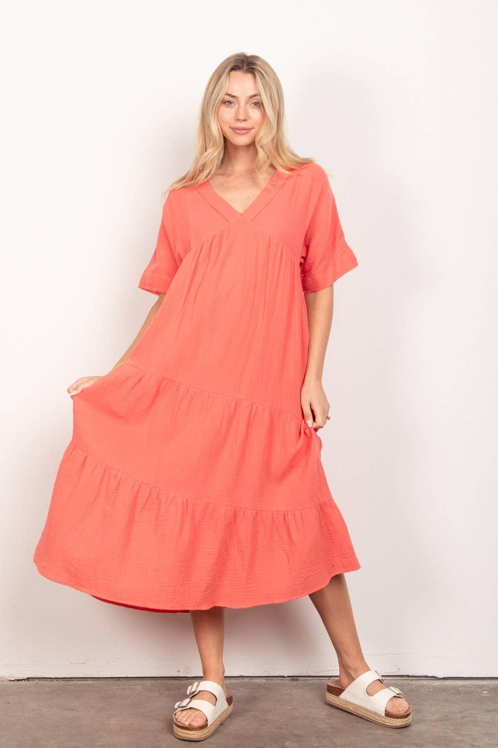 Frayed Detail Soft Crinkle Gauze Midi Dress Product Image
