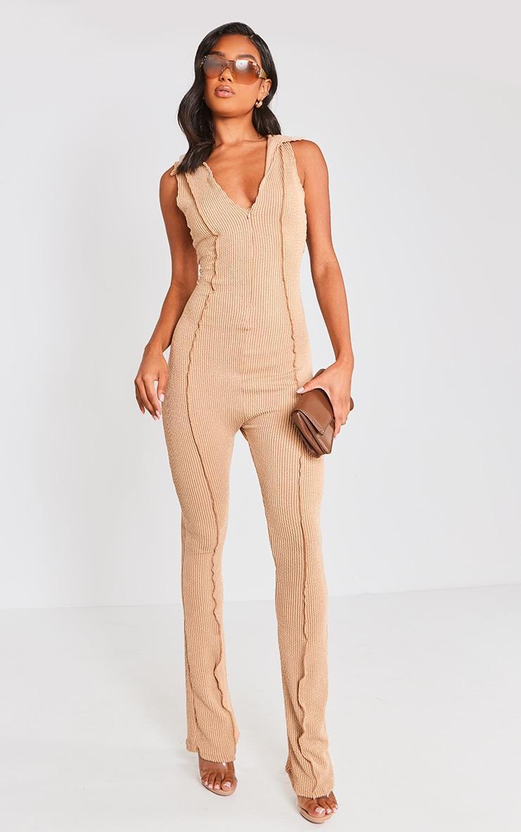 Beige Thick Rib Zip Front Collar Detail Jumpsuit Product Image