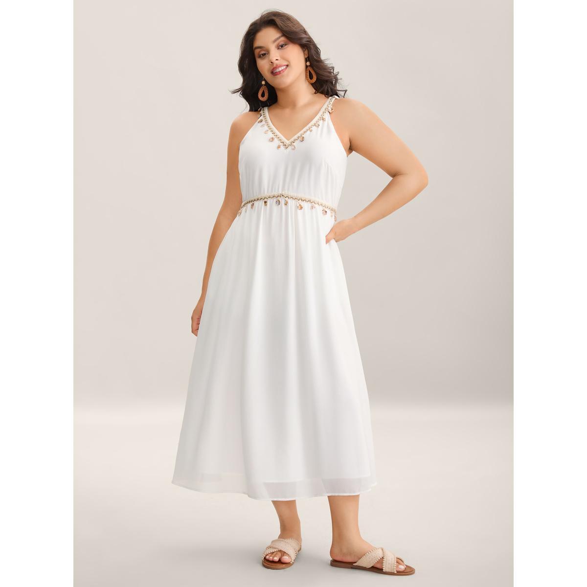 Plus Size Lace Spliced V-Neck Waist-Cinched Midi Dress Beige Women V-neck Sleeveless Curvy BloomChic 12/L Product Image