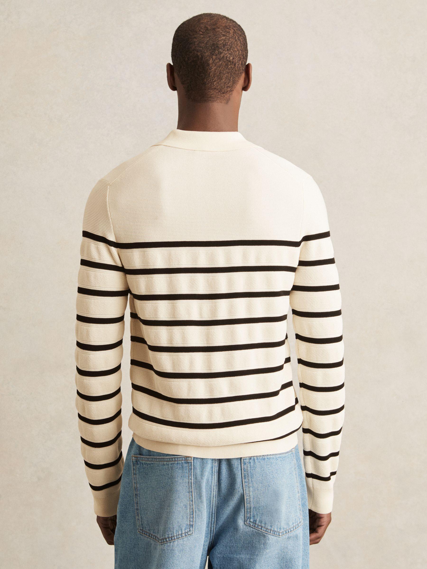 Cotton Blend Stripe Knit Polo Shirt in Warm Stone/Black Product Image