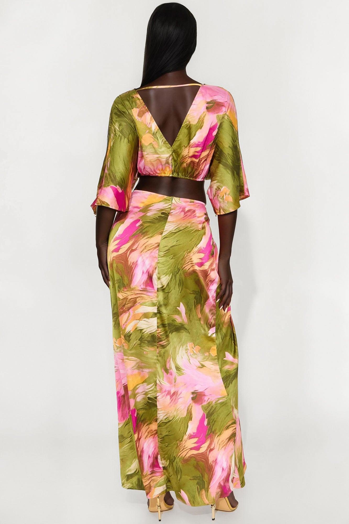 Janice Short Sleeve Satin Maxi Dress - Olive/combo Female Product Image