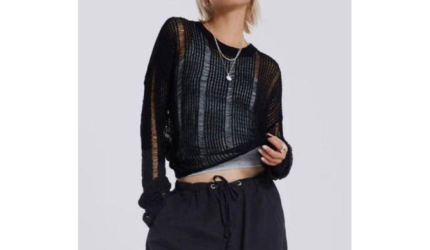 Long-Sleeve Crew Neck Plain Crop Pointelle Knit Top Product Image