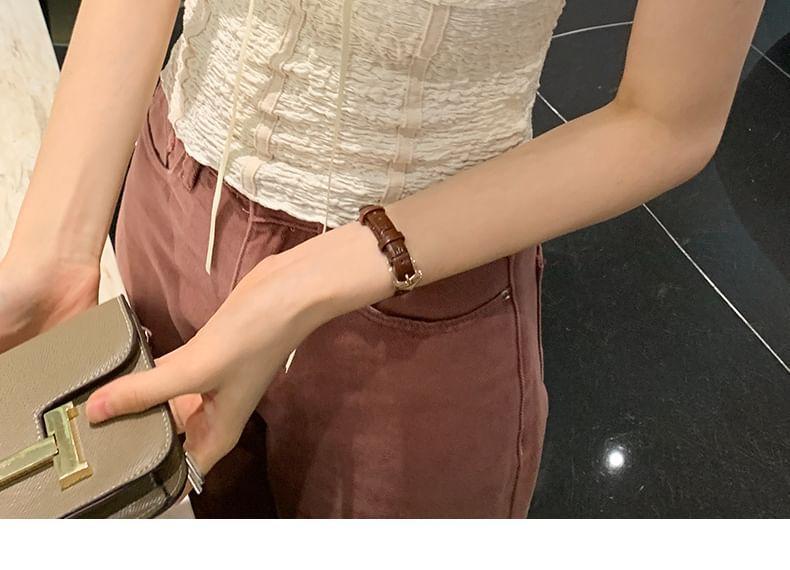 Cap Sleeve V-Neck Lace Panel Tie-Front Ruched Crop Top Product Image