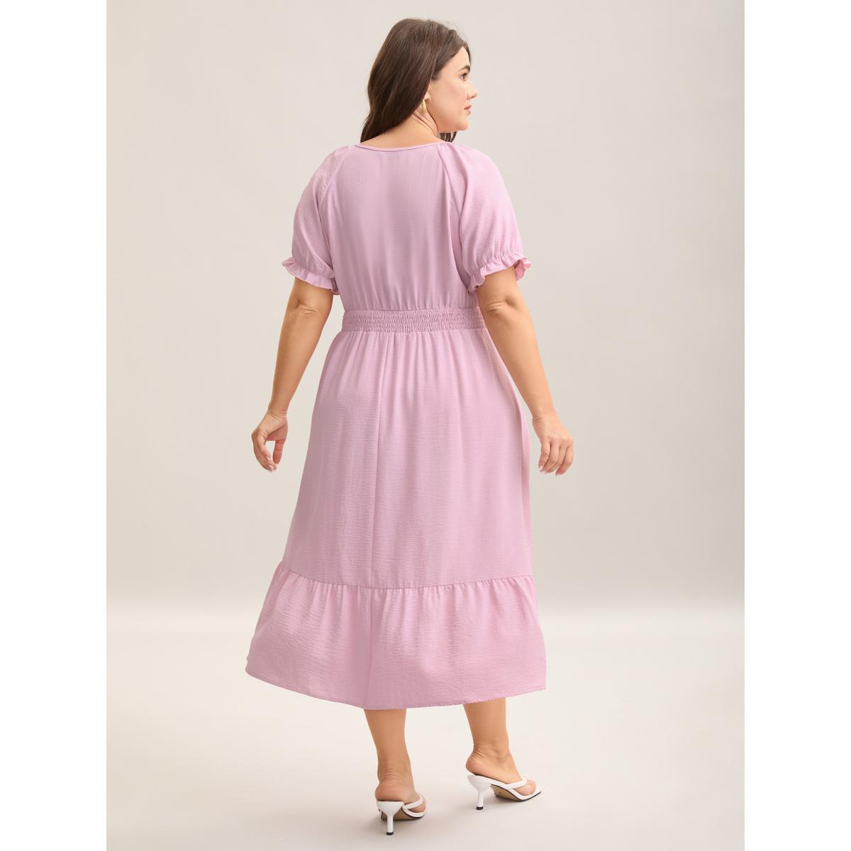 Plus Size Shirred Waist Tiered Hem Milkmaid Dress Blush Women Round Neck Cap Sleeve Curvy BloomChic 18-20/2X Product Image