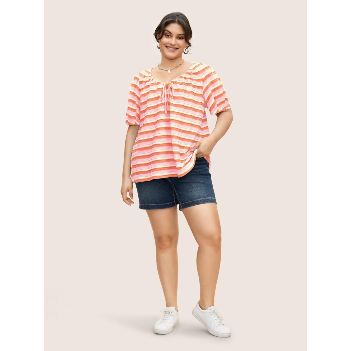 Plus Size V Neck Textured Striped Tie Knot T-shirt Blush Women Casual Texture V-neck Everyday T-shirts BloomChic 30/6X Product Image