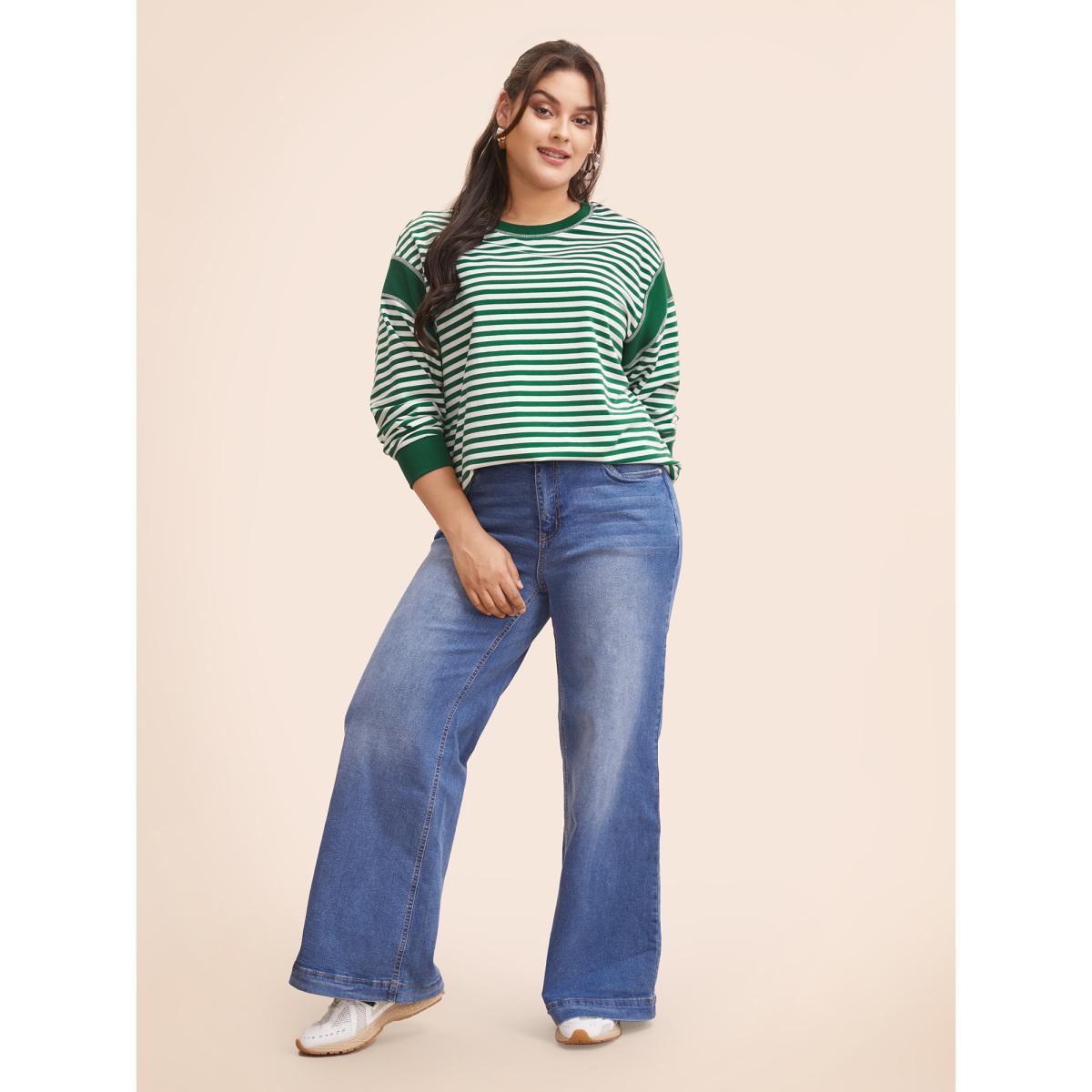 Plus Size Round Neck Striped Patchwork Stitch Sweatshirt Women Truegreen Casual Contrast Loose Round Neck Everyday Sweatshirts BloomChic 18-20/2X Product Image
