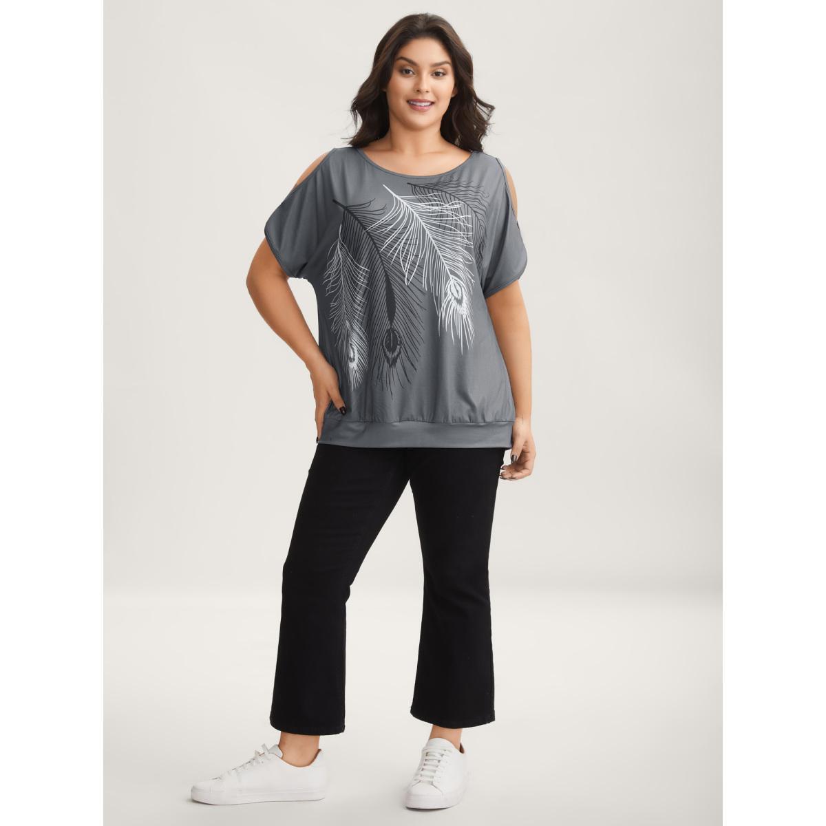 Plus Size Stretchy Feather Print Cut-Out Sleeve T-Shirt DimGray Women Non Art&design Round Neck Loose Everyday-Casual T-shirts BloomChic 14-16/1X Product Image