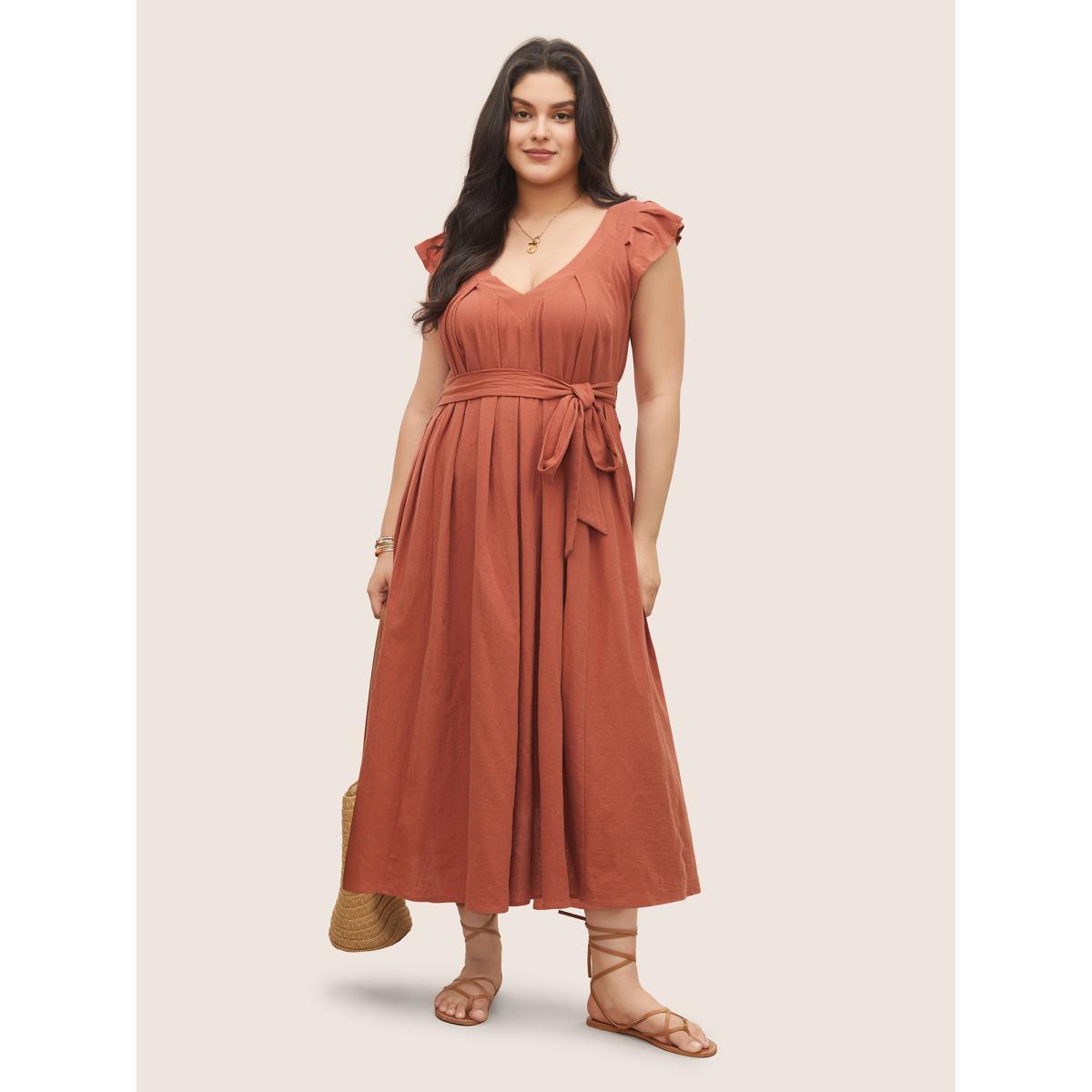 Plus Size Solid Flounce Sleeve Plicated Detail A Line Dress Rust Women Resort Non V-neck Cap Sleeve Curvy BloomChic 18-20/2X Product Image