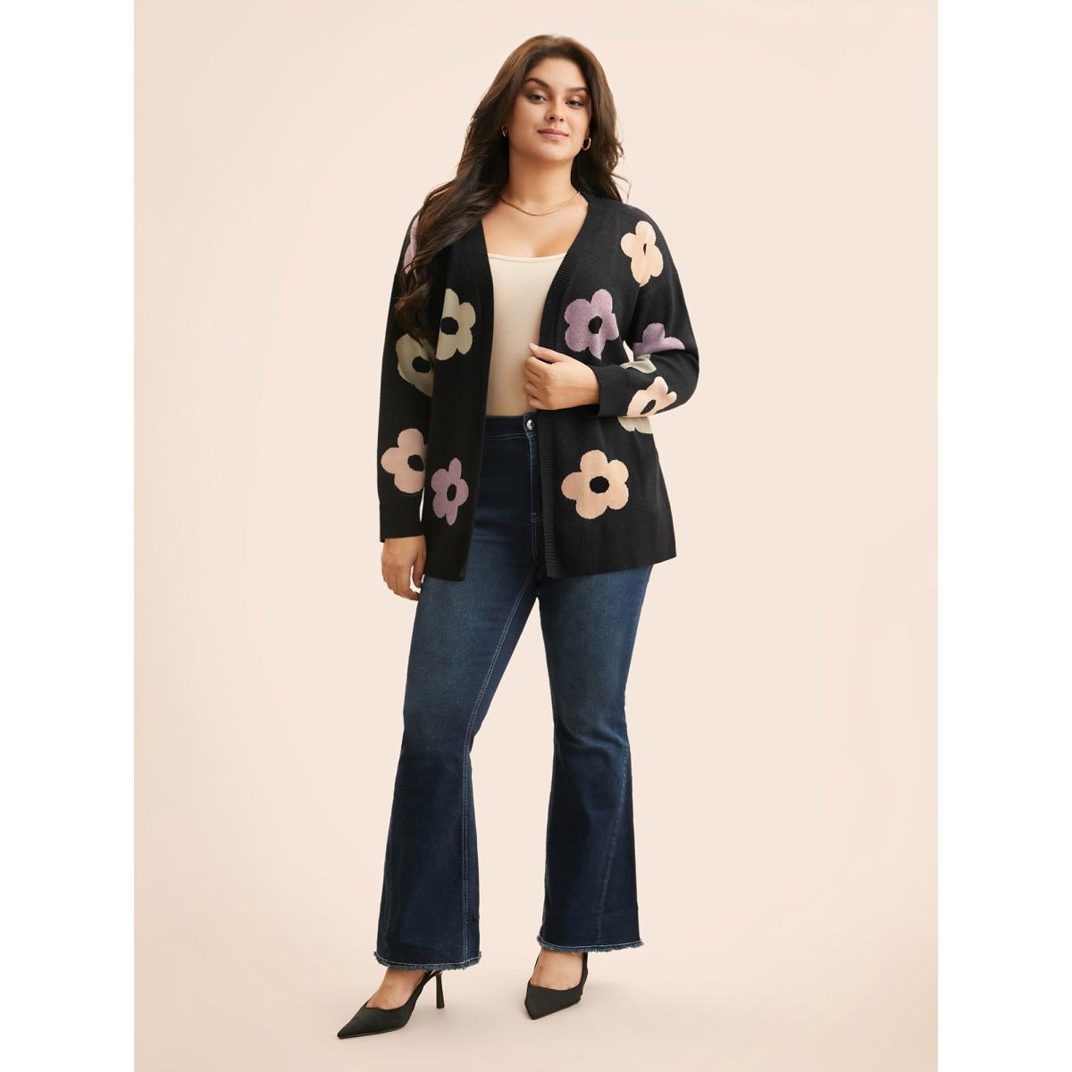 Plus Size Contrast Floral Drop Shoulder Cardigan Black Women Elegant Loose Long Sleeve Everyday Cardigans BloomChic 30/6X Product Image
