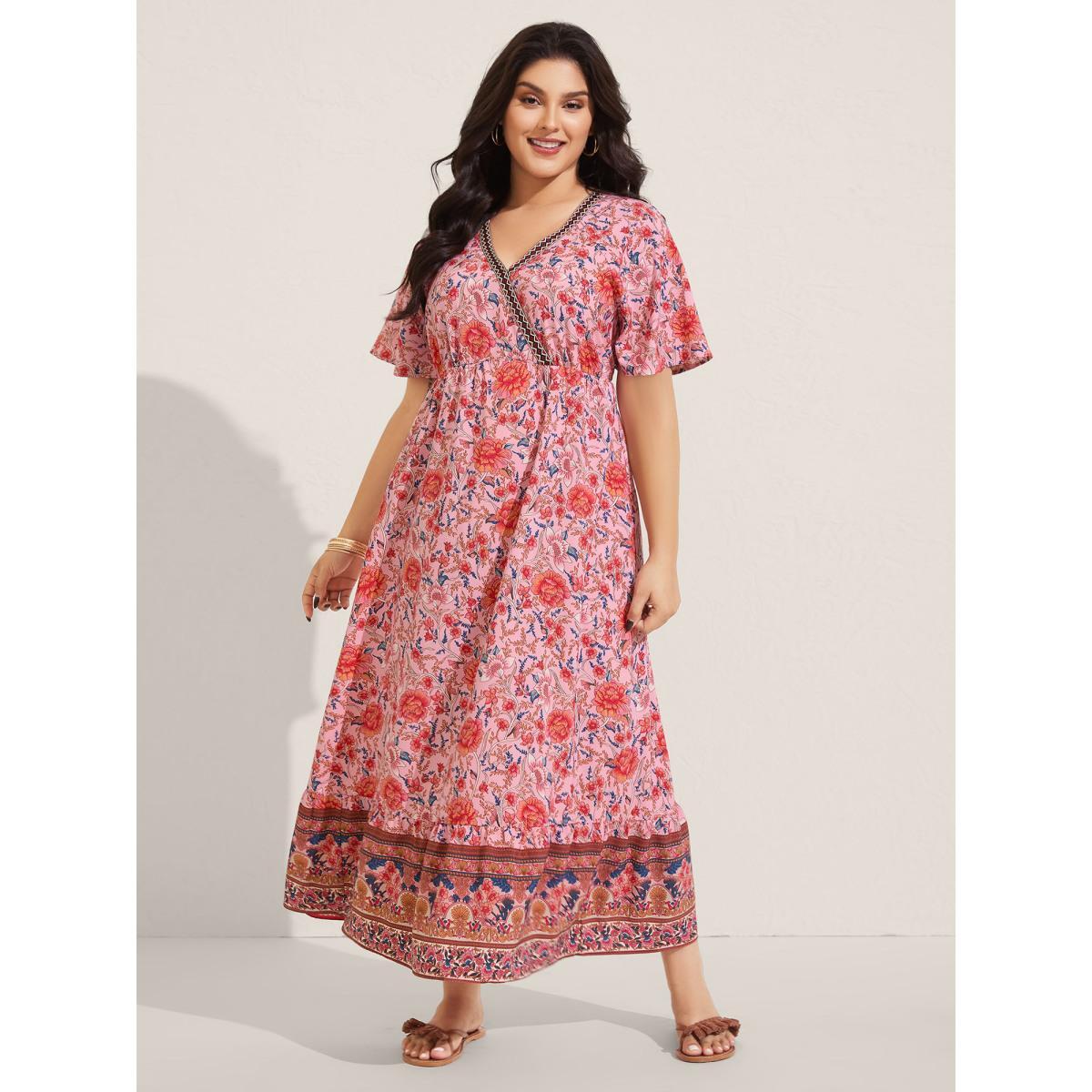 Plus Size Rosy Floral Print Lace Maxi Dress Blush Women Overlap Collar Short sleeve Curvy BloomChic 28/5X Product Image