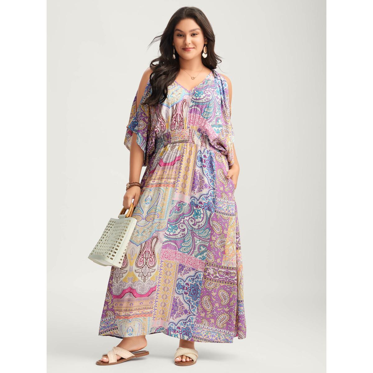 Plus Size Boho Collage Off-Shoulder Maxi Dress Multicolor Women Deep V-neck Short sleeve Curvy BloomChic 10/M Product Image