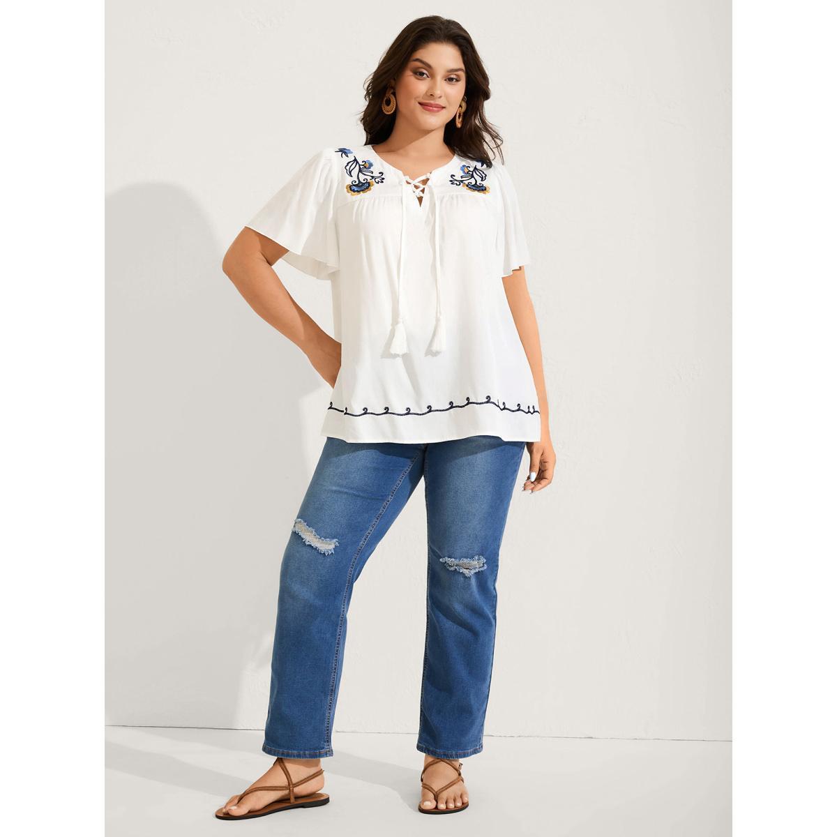 Plus Size Ivory Floral Embroidered Cross-Tie Neck Blouse Women Short sleeve Notched collar Vacation Blouses BloomChic 12/L Product Image