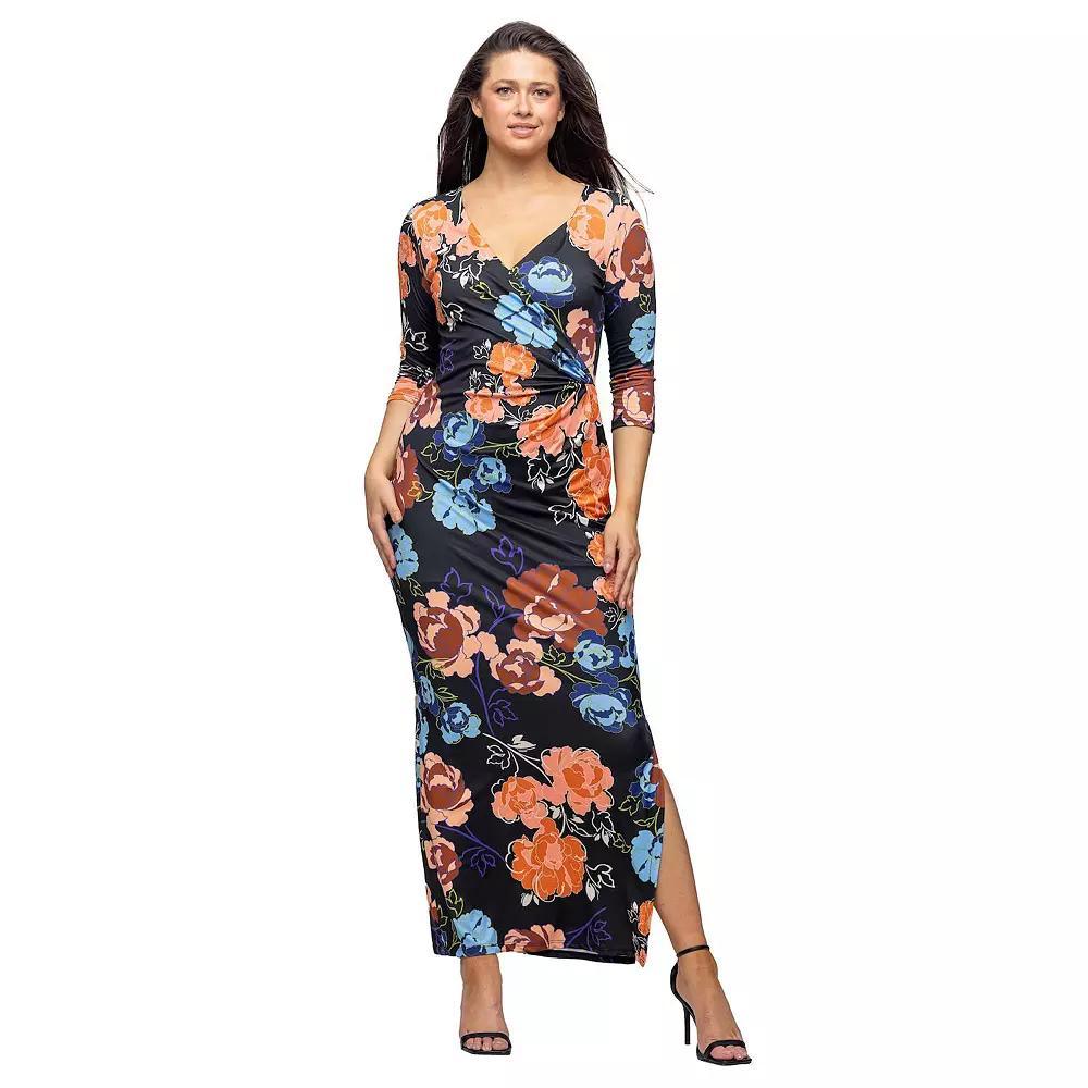 Women's 24Seven Comfort Apparel Three-Quarter Sleeve Side Slit Maxi Dress, Size: Large, Black Team Product Image