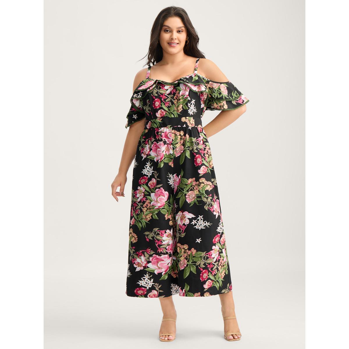 Plus Size Black Floral Print Off-Shoulder Wide-Leg Jumpsuit Women Short sleeve One-shoulder neck Everyday-Elegant Loose Jumpsuits BloomChic 18-20/2X Product Image