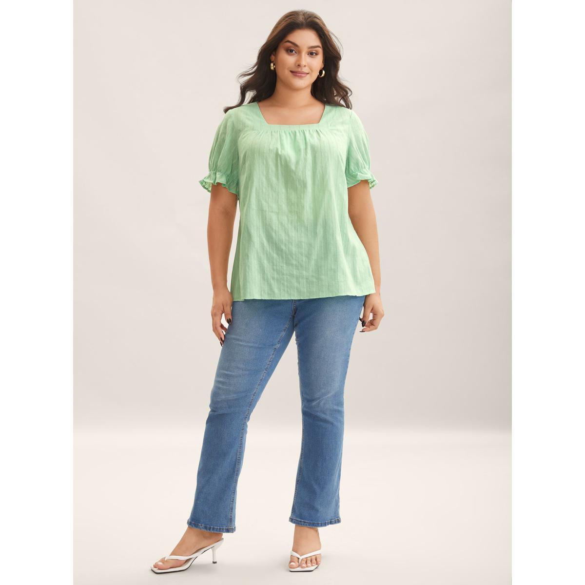 Plus Size LightGreen Cotton Square Neck Ruffled Sleeve Shirt Women Elegant Short sleeve Square Neck Everyday Blouses BloomChic 28/5X Product Image