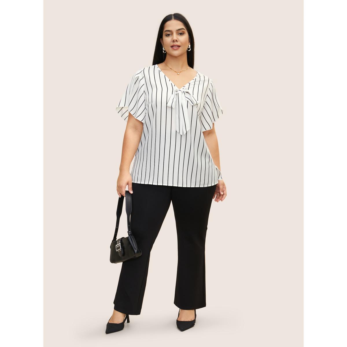Plus Size Originalwhite Striped Tie Knot Petal Sleeve Blouse Women Work From Home Cap Sleeve V-neck Work Blouses BloomChic 10/M Product Image
