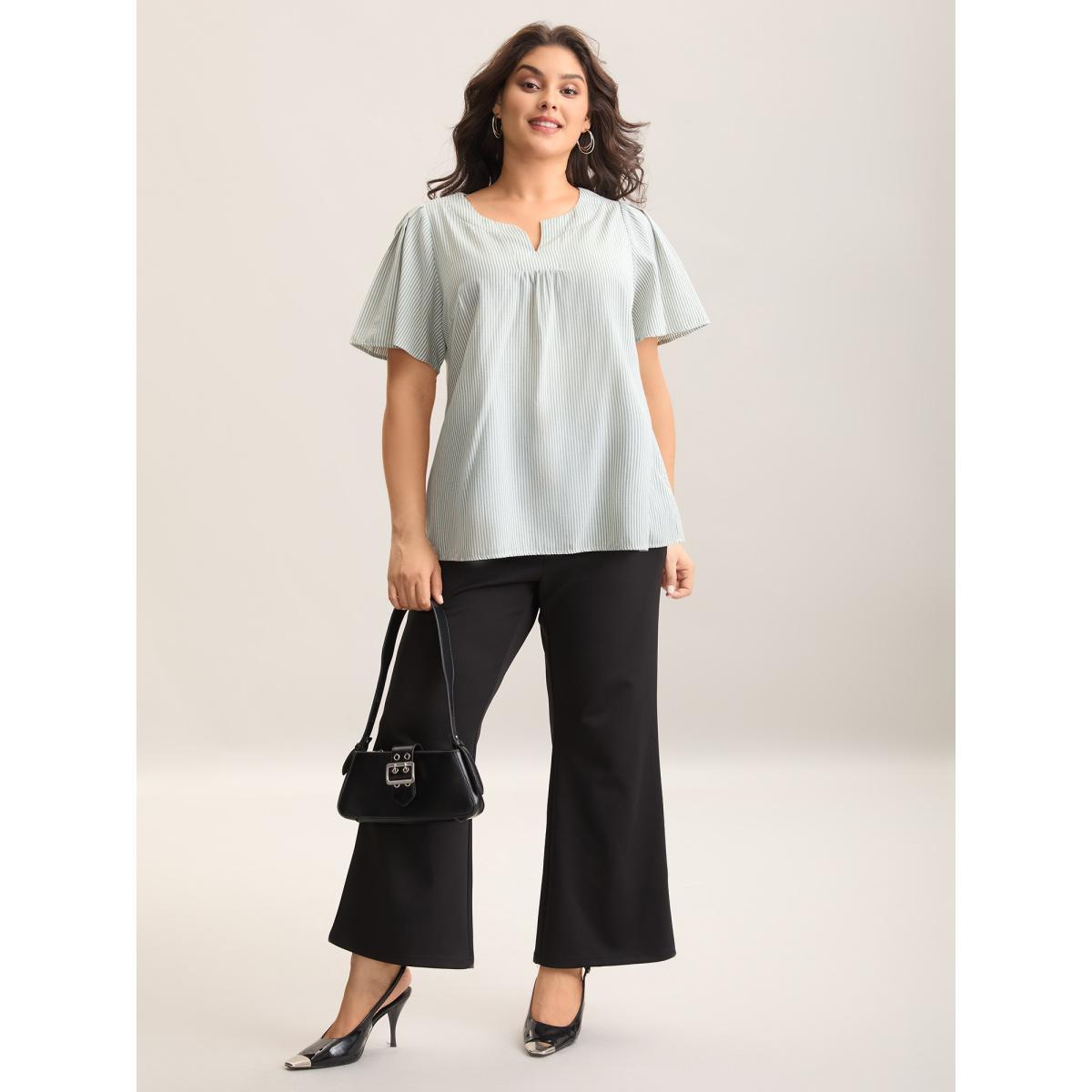 Plus Size Greenbean Striped Print Notched Collar Blouse Women Short sleeve Notched collar Work Blouses BloomChic 30/6X Product Image