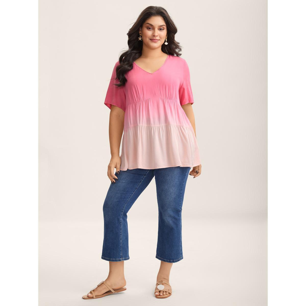 Plus Size Peach Rayon Tie-Dye V-Neck Tiered Blouse Women Short sleeve V-neck Vacation Blouses BloomChic 14-16/1X Product Image