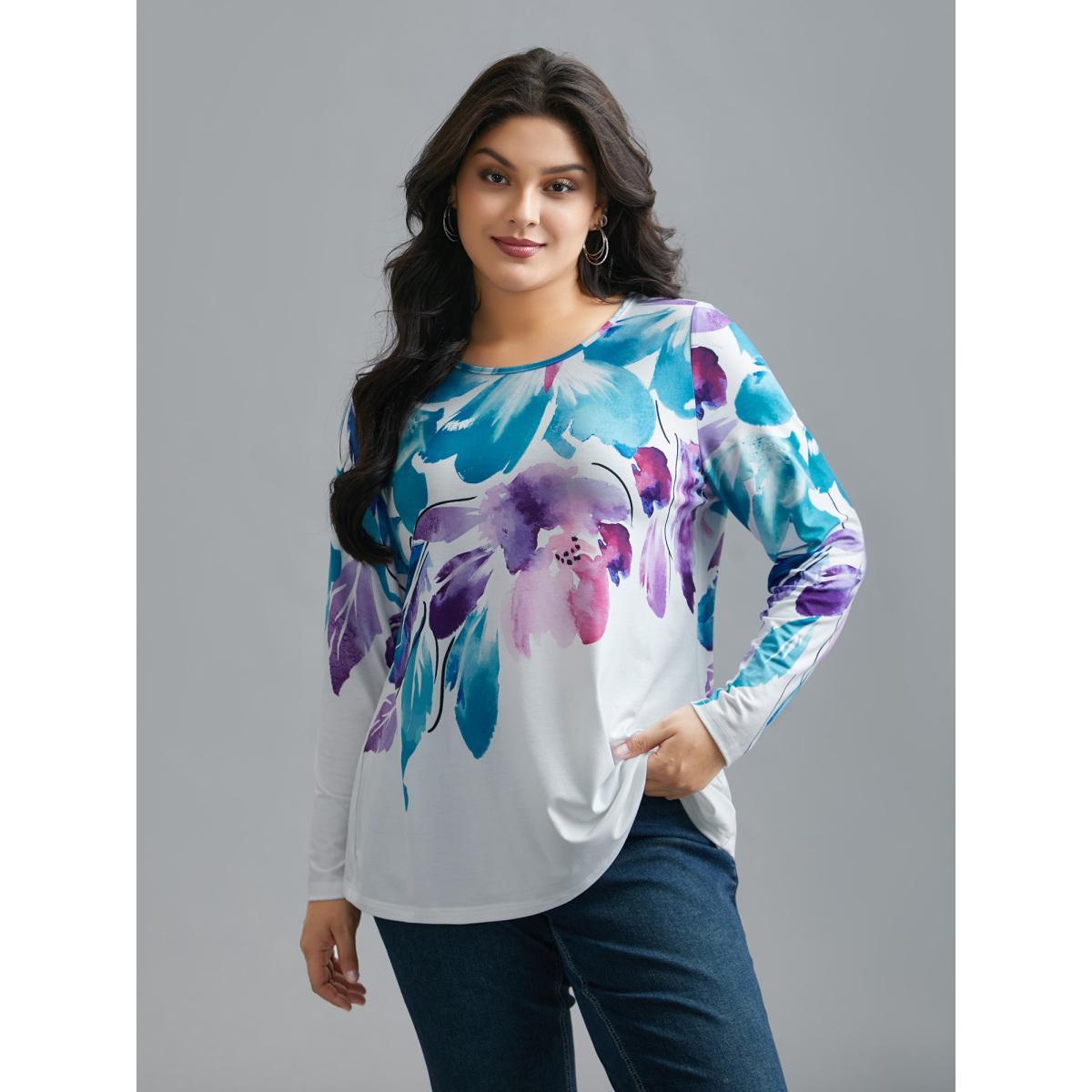 Plus Size Floral Boho Print Stretchy T-Shirt WhiteSmoke Women Casual Non Art&design Round Neck Everyday T-shirts BloomChic 18-20/2X Product Image