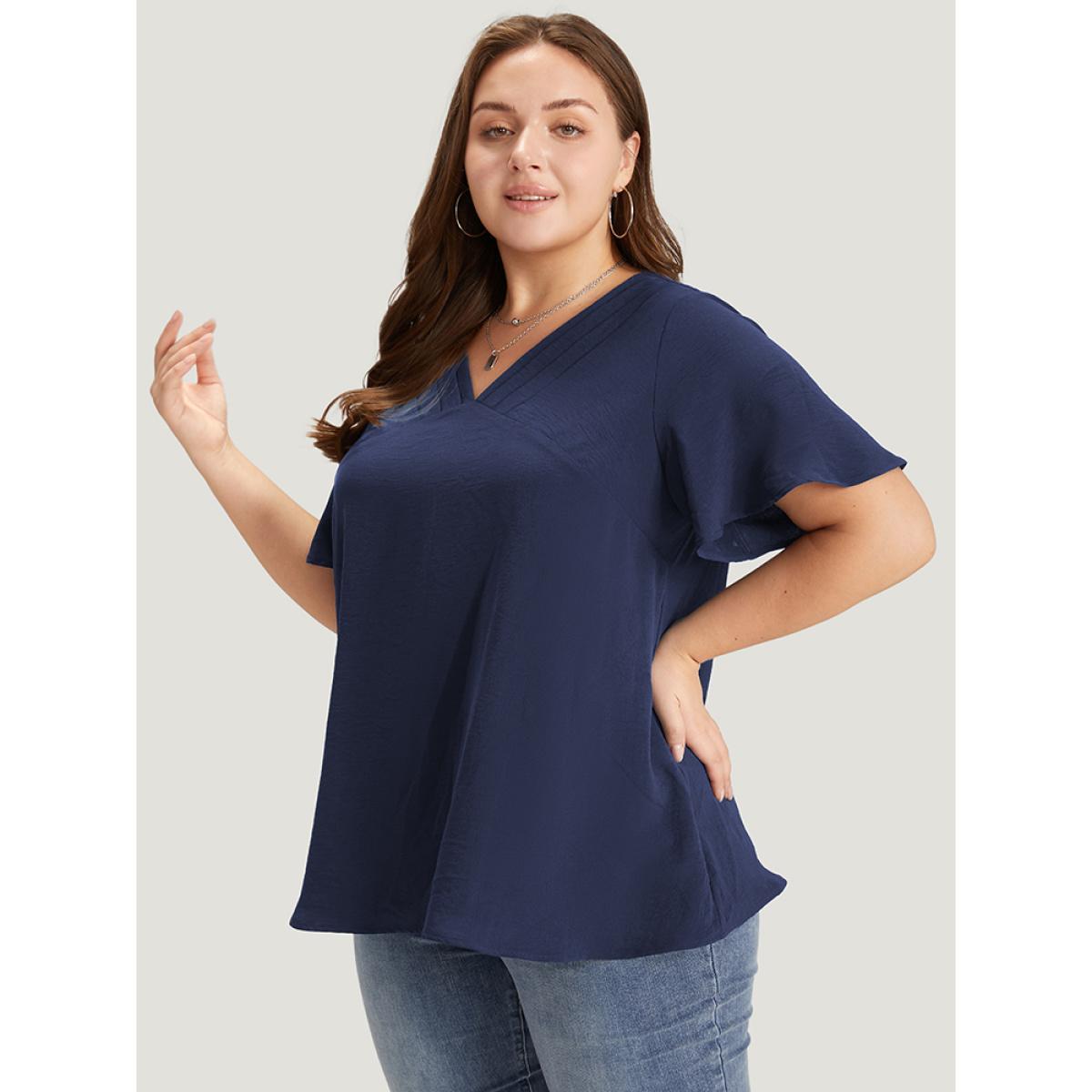 Plus Size Indigo Solid Pleated V Neck Blouse Women Office Short sleeve V-neck Dailywear Blouses BloomChic 18-20/2X Product Image