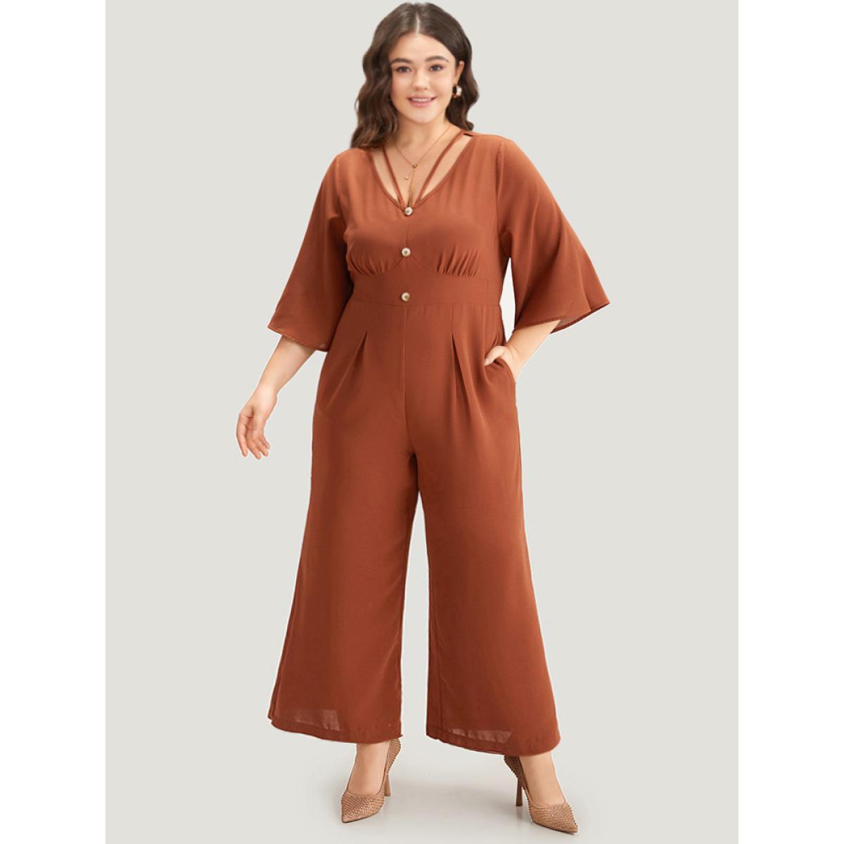 Plus Size Brown Plain Crisscross Plicated Detail Flutter Sleeve Jumpsuit Women Elegant Elbow-length sleeve V-neck Dailywear Loose Jumpsuits BloomChic 30/6X Product Image