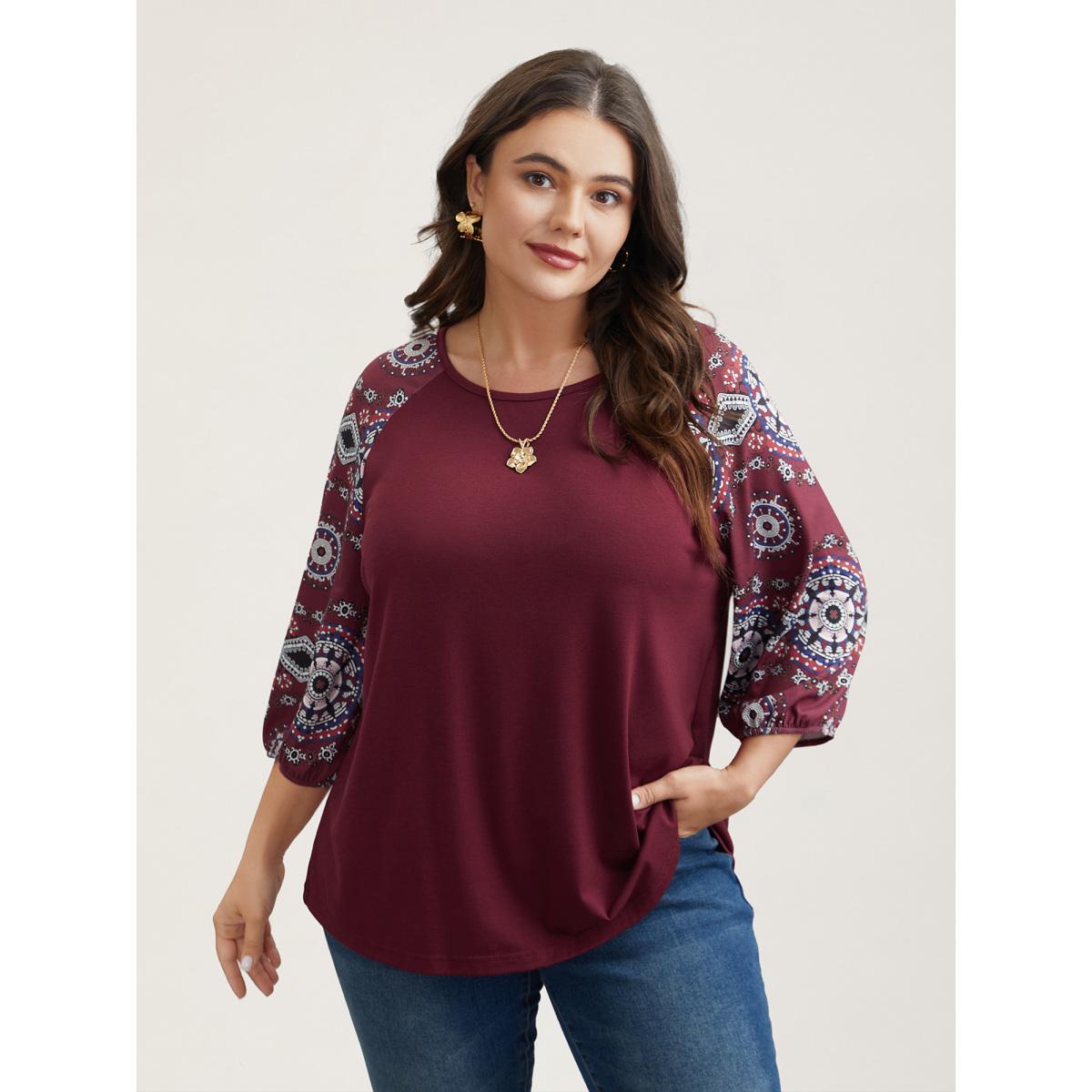 Plus Size Boho Print Sleeve Round Neck T-Shirt Scarlet Women Elegant Contrast Round Neck Everyday T-shirts BloomChic 18-20/2X Product Image