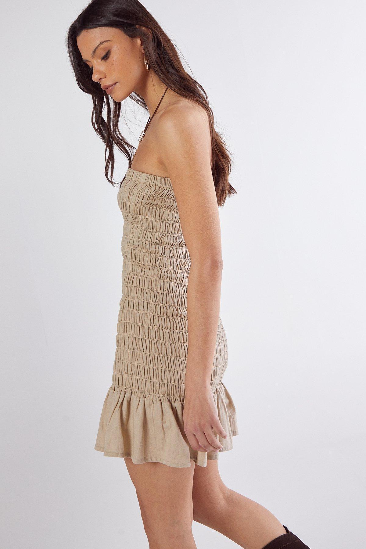 Cotton Shirred Bandeau Ruffle Hem Mini Dress Product Image