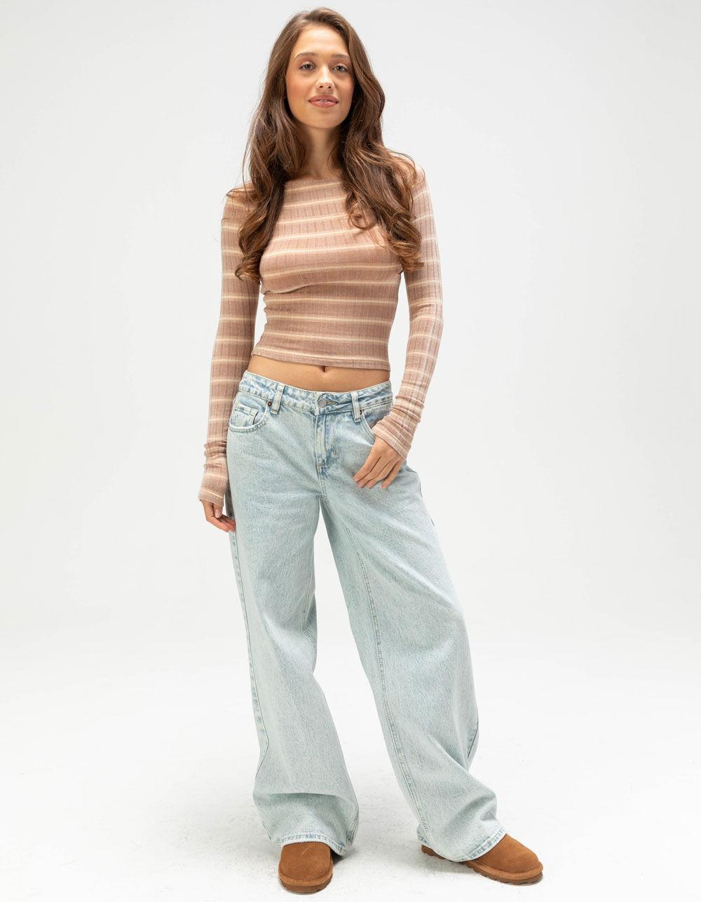 FULL TILT Stripe Boat Neck Womens Long Sleeve Tee - TAN Product Image