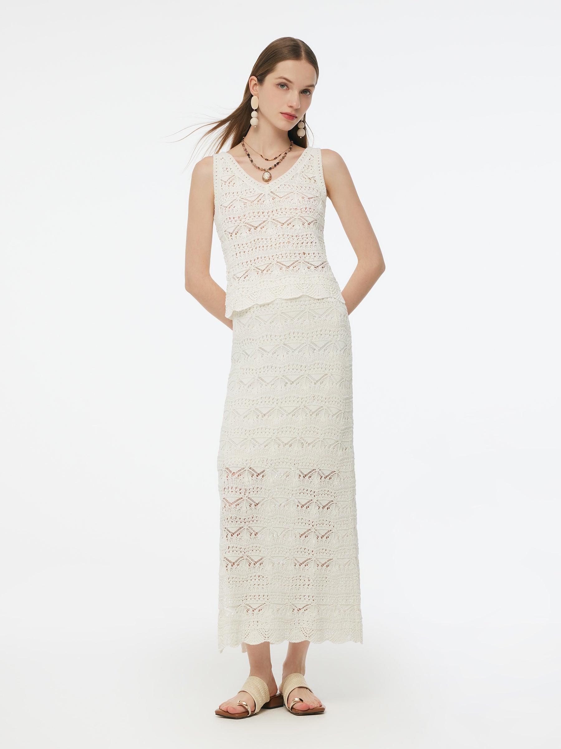 Linen Cotton Blend Women Side Slit Openwork Skirt Product Image