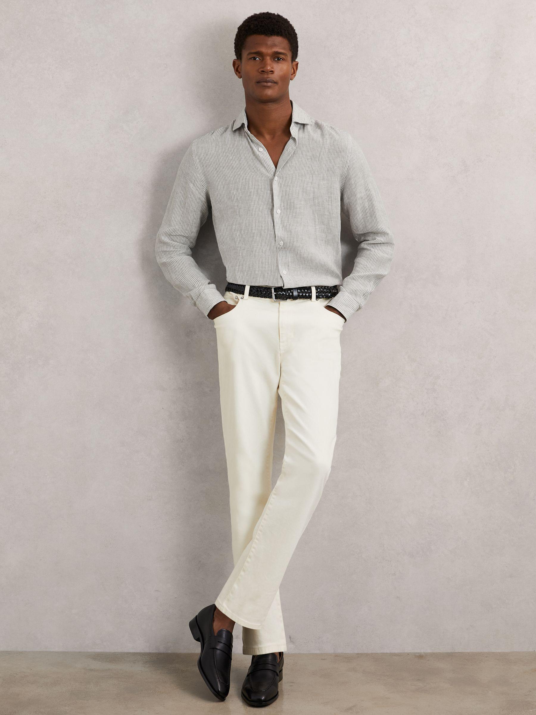 Linen Striped Cutaway-Collar Shirt in White/Thyme Green Product Image