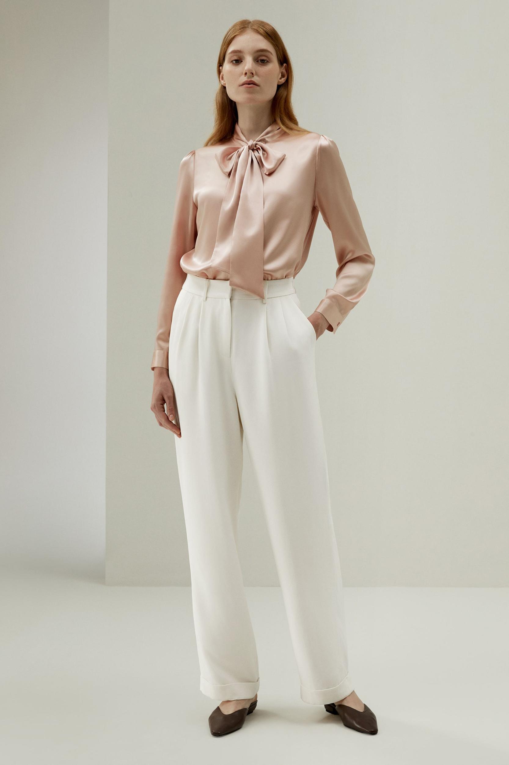 Women Bow-tie Neck Silk Blouse Product Image