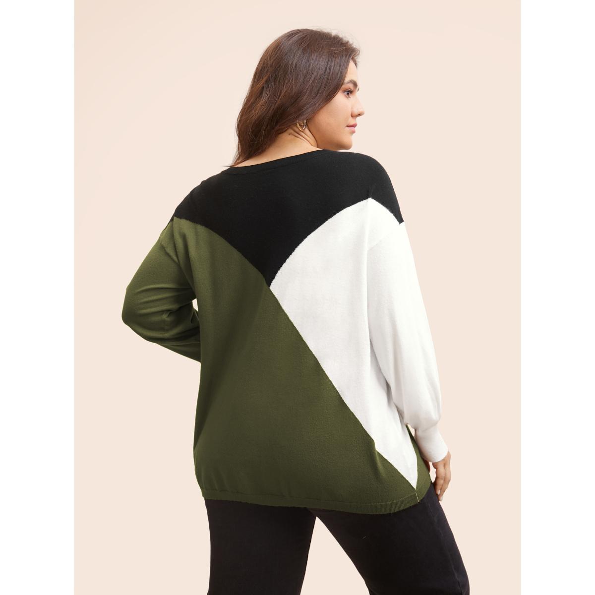 Plus Size Supersoft Essentials Colorblock Contrast Pullover ArmyGreen Women Casual Long Sleeve Round Neck Everyday Pullovers BloomChic 30/6X Product Image