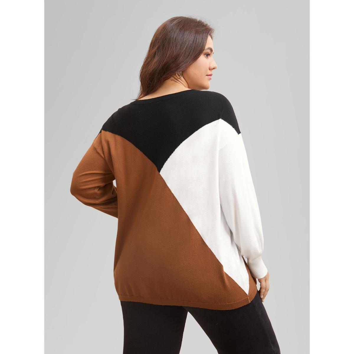 Plus Size Supersoft Essentials Colorblock Contrast Pullover Browncoffeecolor Women Casual Long Sleeve Round Neck Everyday Pullovers BloomChic 22-24/3X Product Image