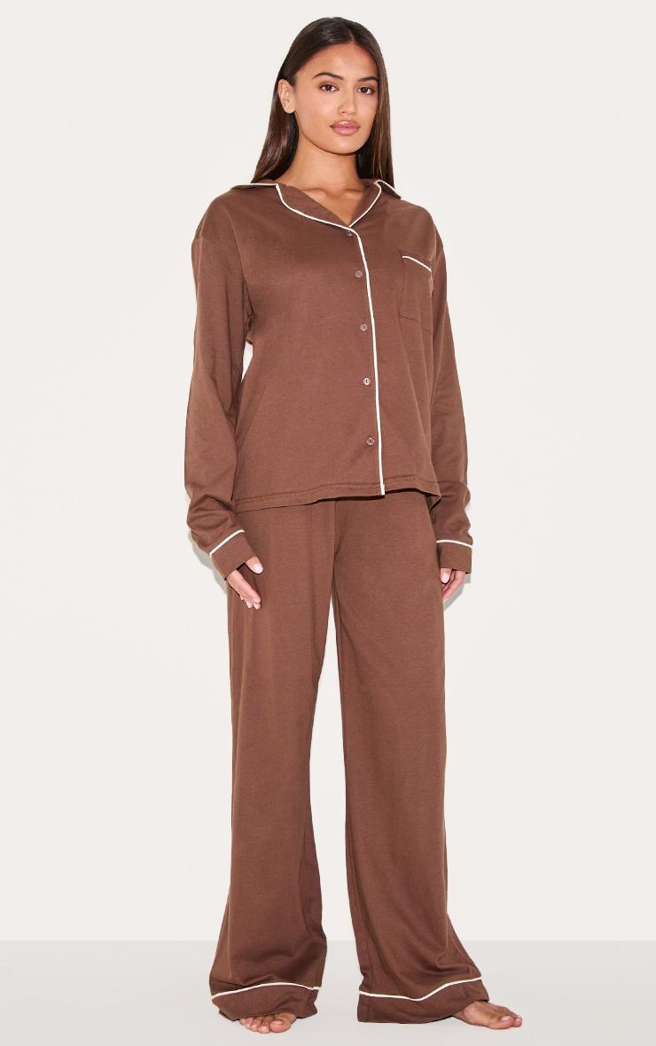 Chocolate Jersey Contrast Piping Detail Long Pj Set Product Image