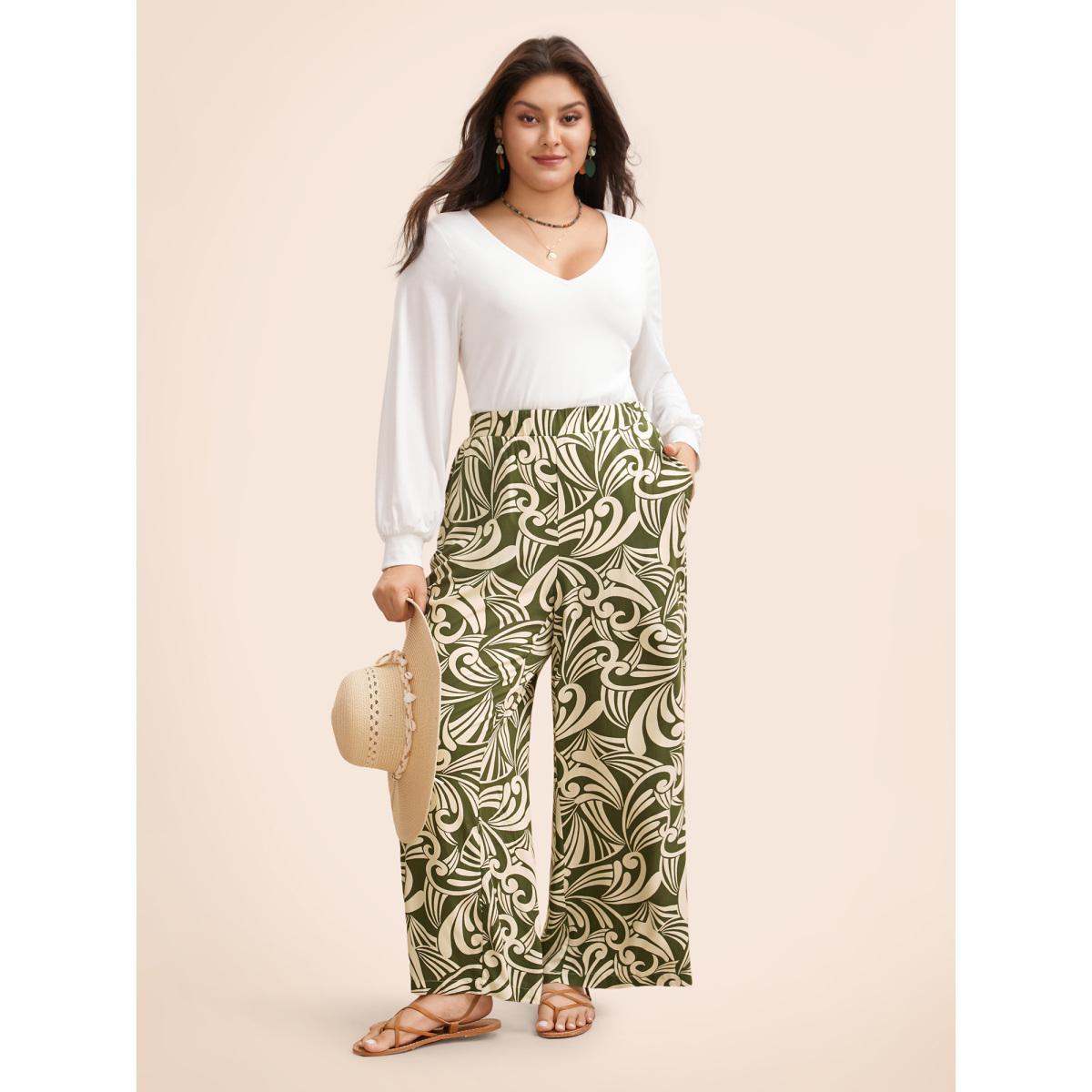 Plus Size Tropical Print Wide Leg Mid Rise Pants Women Moss Casual Wide Leg Mid Rise Everyday Pants BloomChic 22-24/3X Product Image