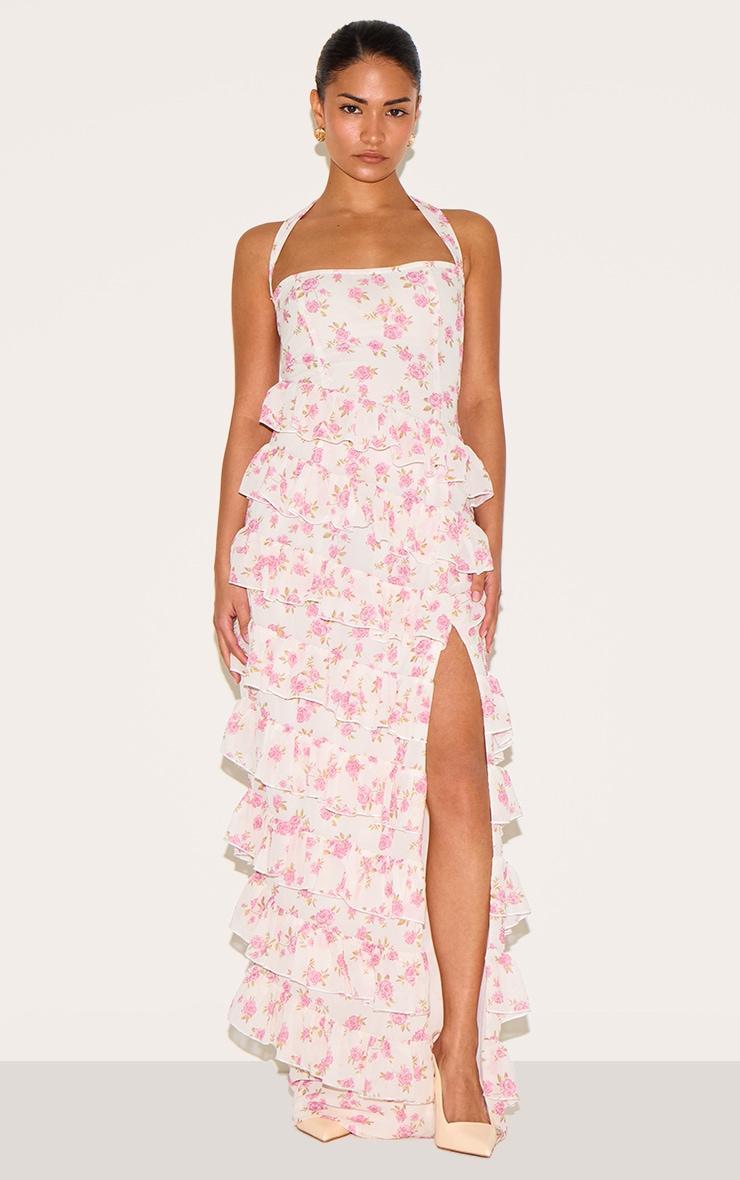 Petite Pink Flower Print Frill Detail Maxi Dress Product Image