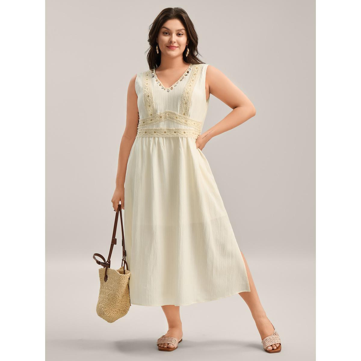 Plus Size Textured Solid Lace Trim Midi Dress Ivory Women V-neck Sleeveless Curvy BloomChic 10/M Product Image